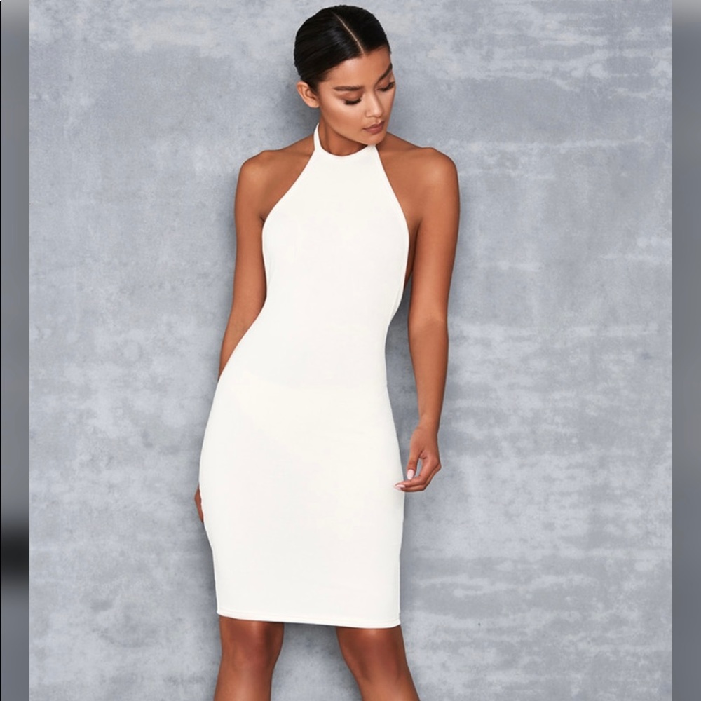 Mistress Rocks Off White Ribbed Knit Halter Dress